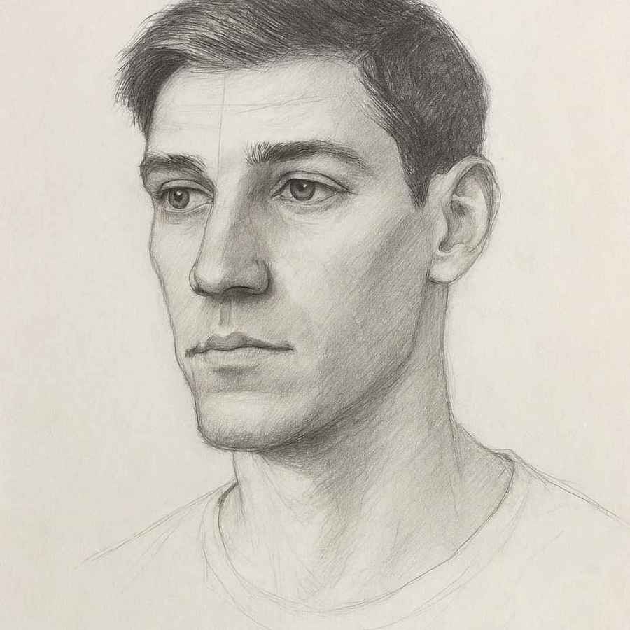 Portrait d'étude d'un jeune homme au crayon, après les corrections du mentor