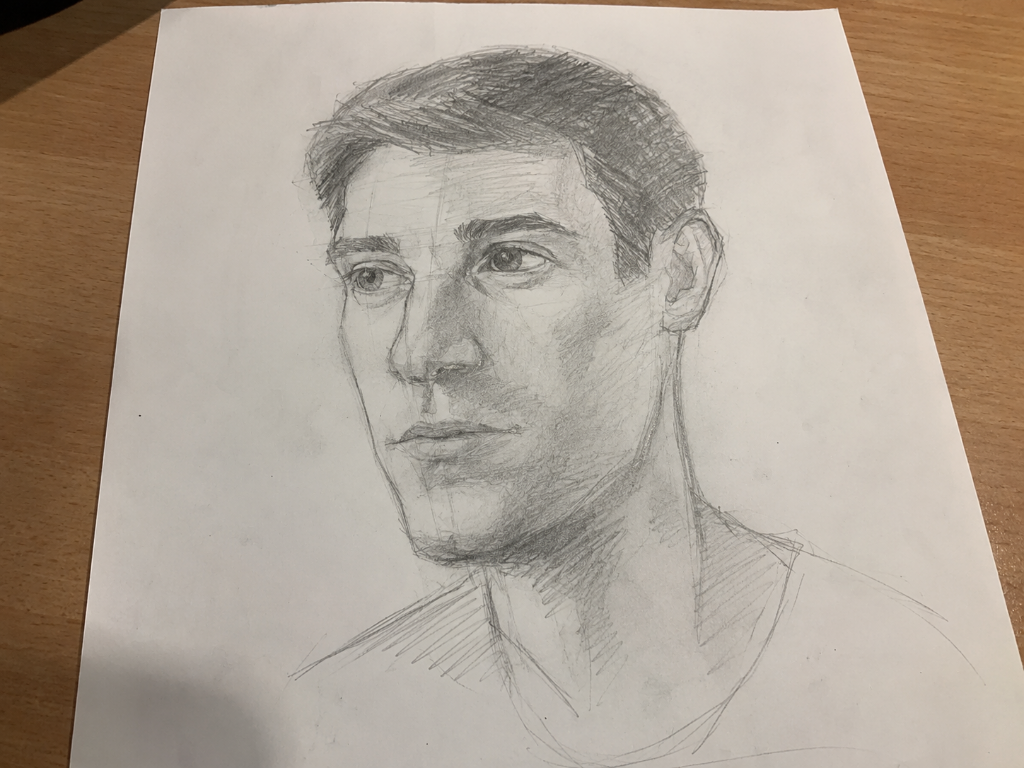 Portrait d'étude d'un jeune homme au crayon, avant corrections